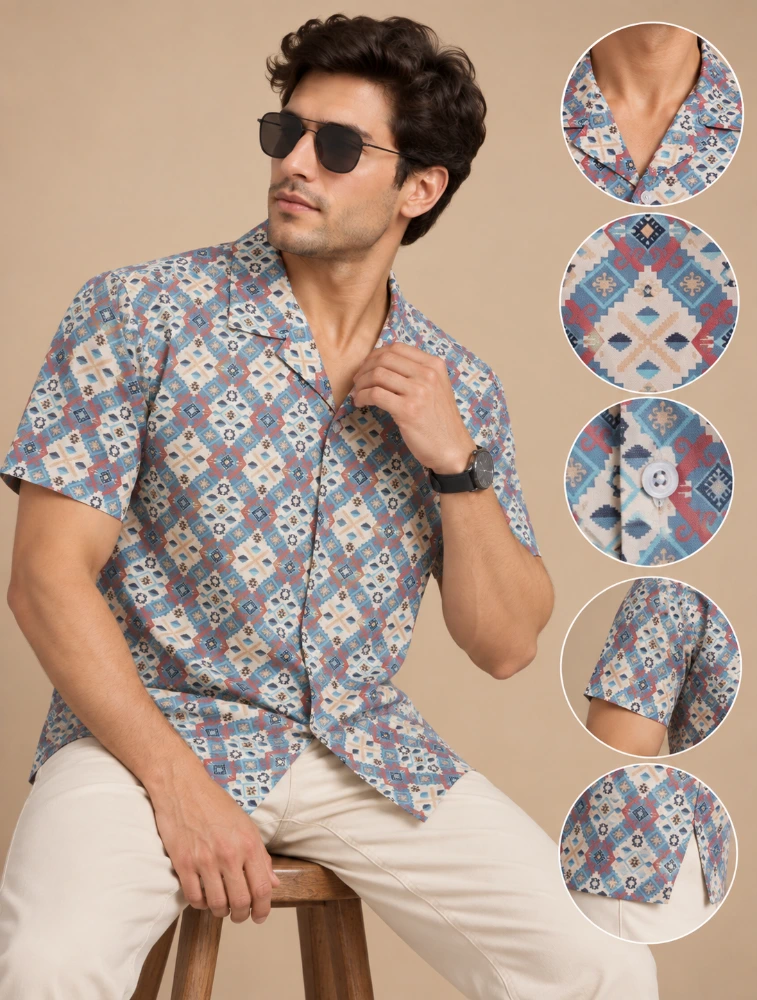 Multi Color Geometric Mens 100 percent cotton half sleeve printed shirt