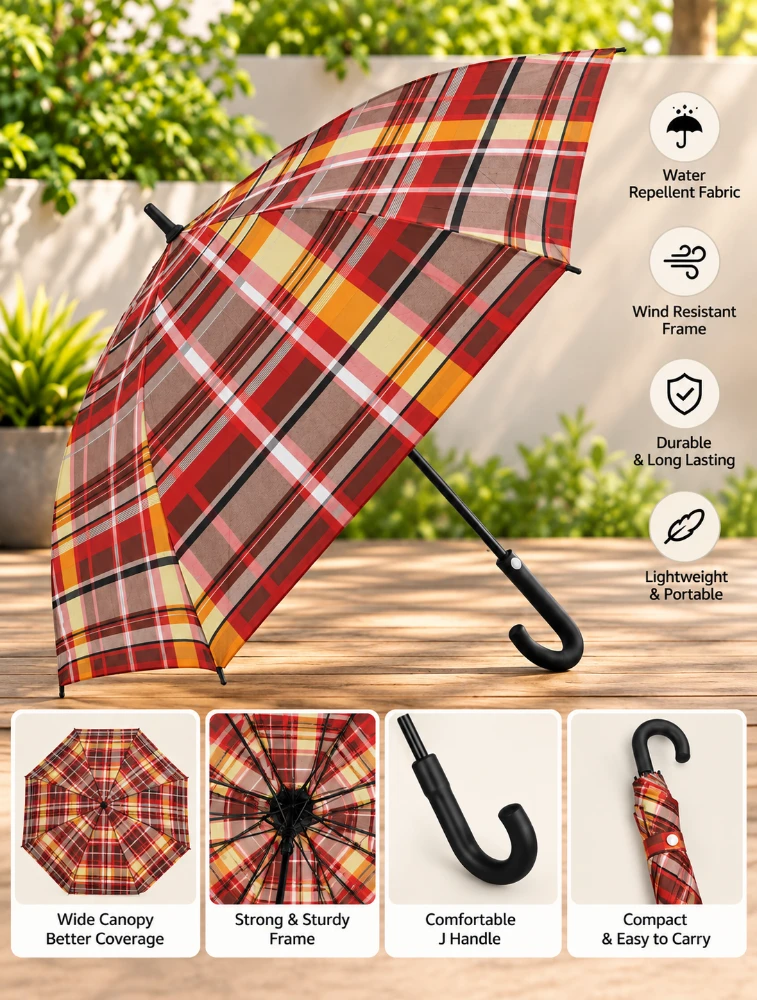 Multi Colour Classic Plaid J Handle Windproof Umbrella