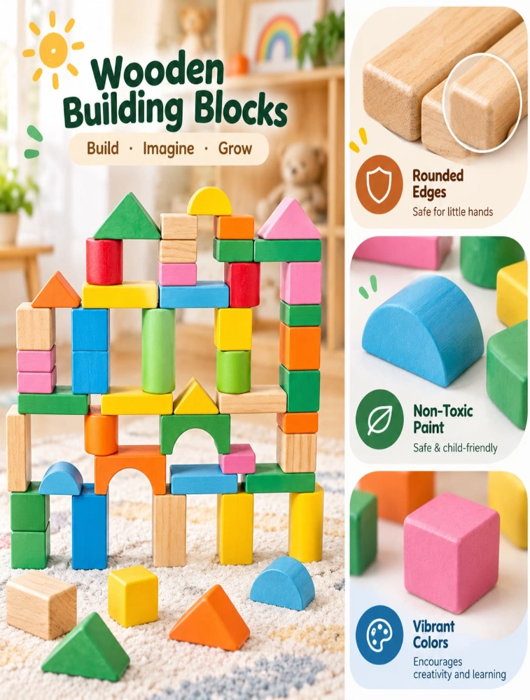 Multi Colour Wooden Building Blocks For Kids