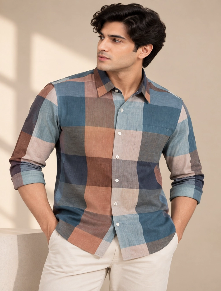 Multi Colored Block Mens Slim Fit Checks Casual Shirt