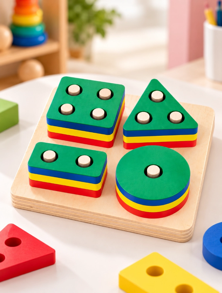 Multicolor Wooden Geometric Shape Sorting Educational Toy