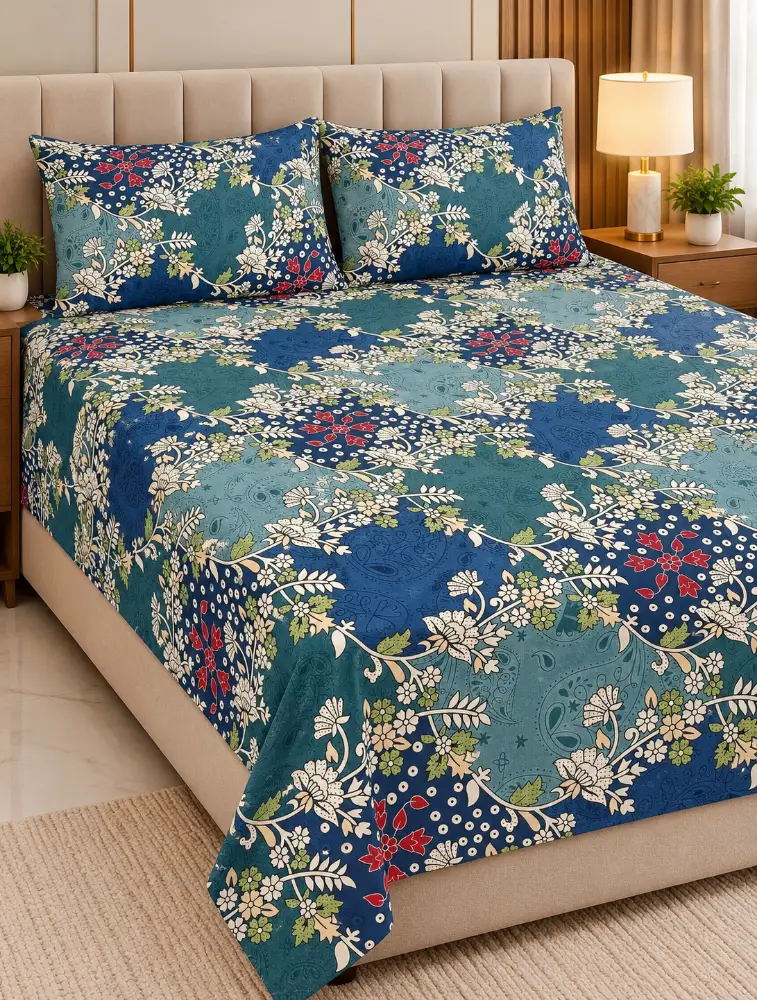 Multicolour 90x100 Inch Cotton Printed Double Coat Queen Size Bedsheet with Pillow Cover