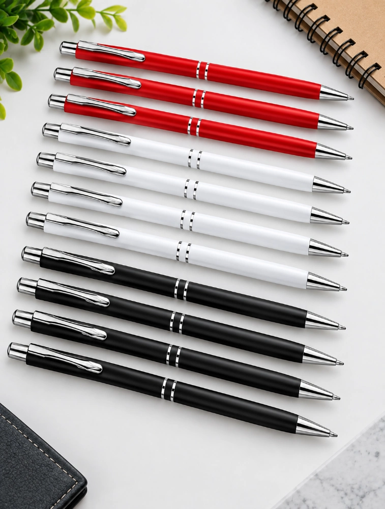 Multicolour Premium Glossy Steel Ball Pen with Silver Clip Pack of 12