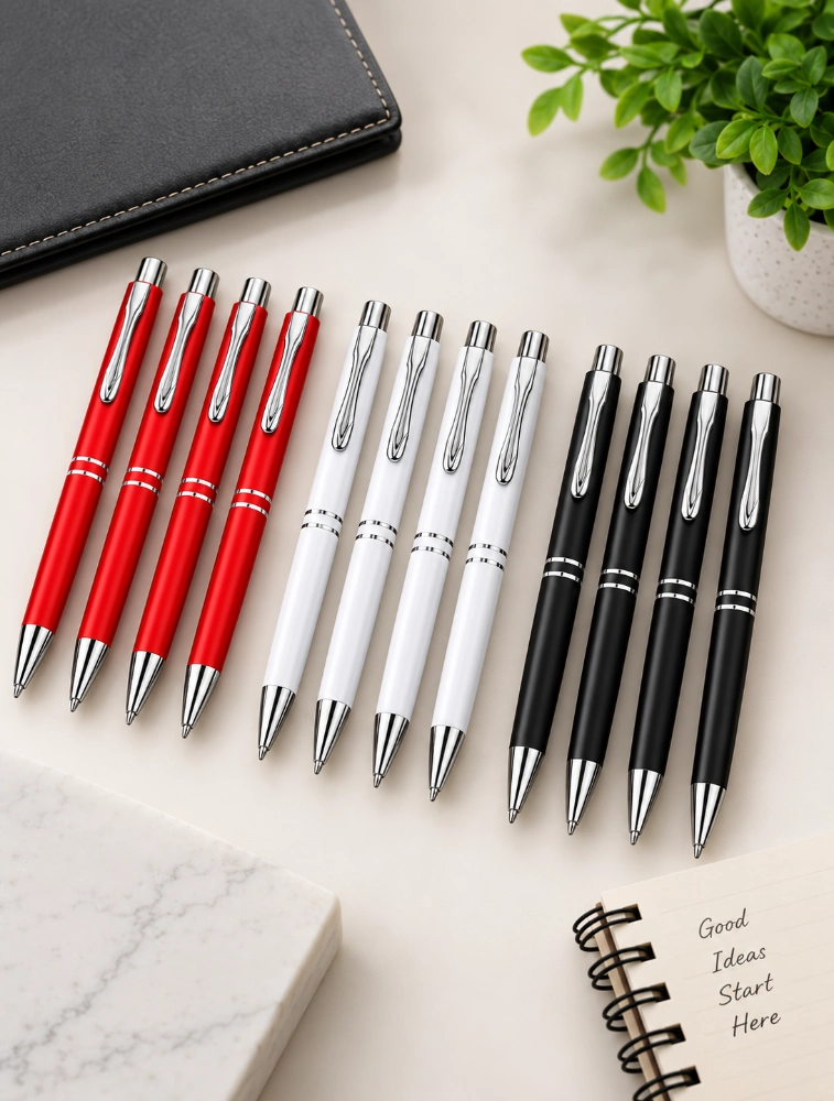 Multicolour Premium Glossy Steel Ball Pen with Silver Clip Pack of 12 — bulk from ₹282
