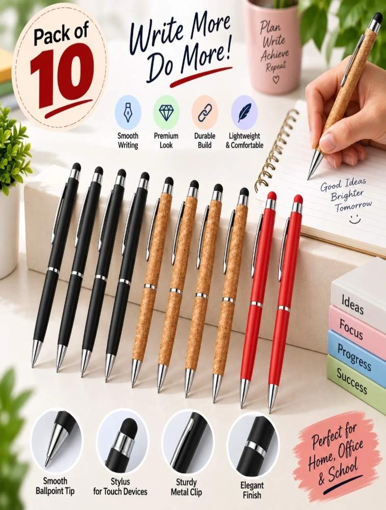 Multicolour Premium Slim Metal and Cork Ball Pen with Silver Clip Pack of 10