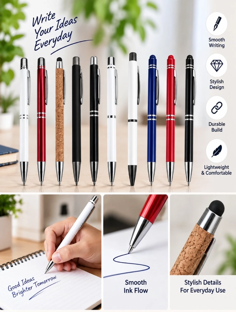 Multicolour Premium Slim Metal and matte Ball Pen with Silver Clip Pack of 10 — bulk from ₹306