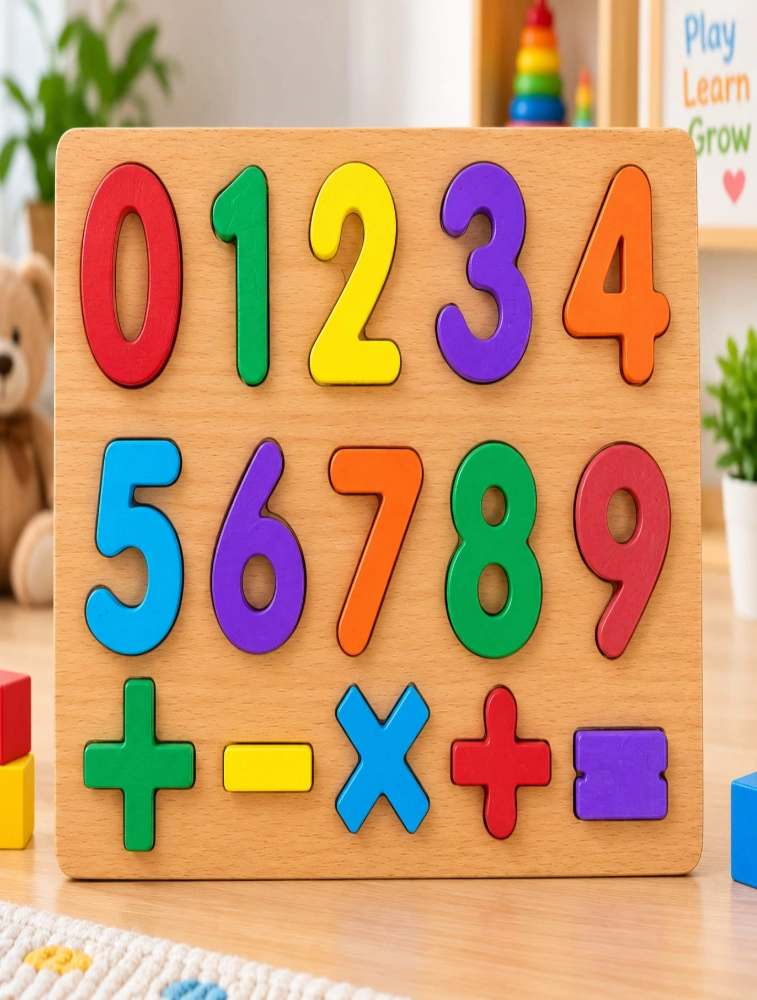 Multicolour Wooden Numbers  0 to 9 and Maths Symbols Puzzle Board