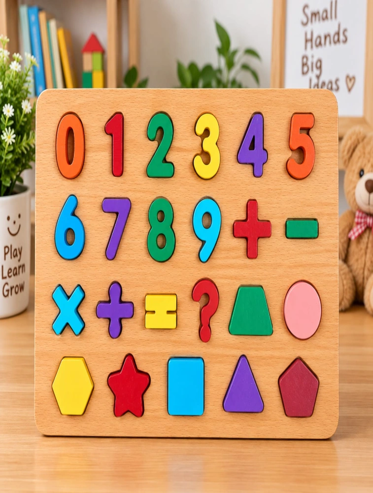 Multicolour Wooden Numbers  0 to 9 and Shapes Puzzle Board
