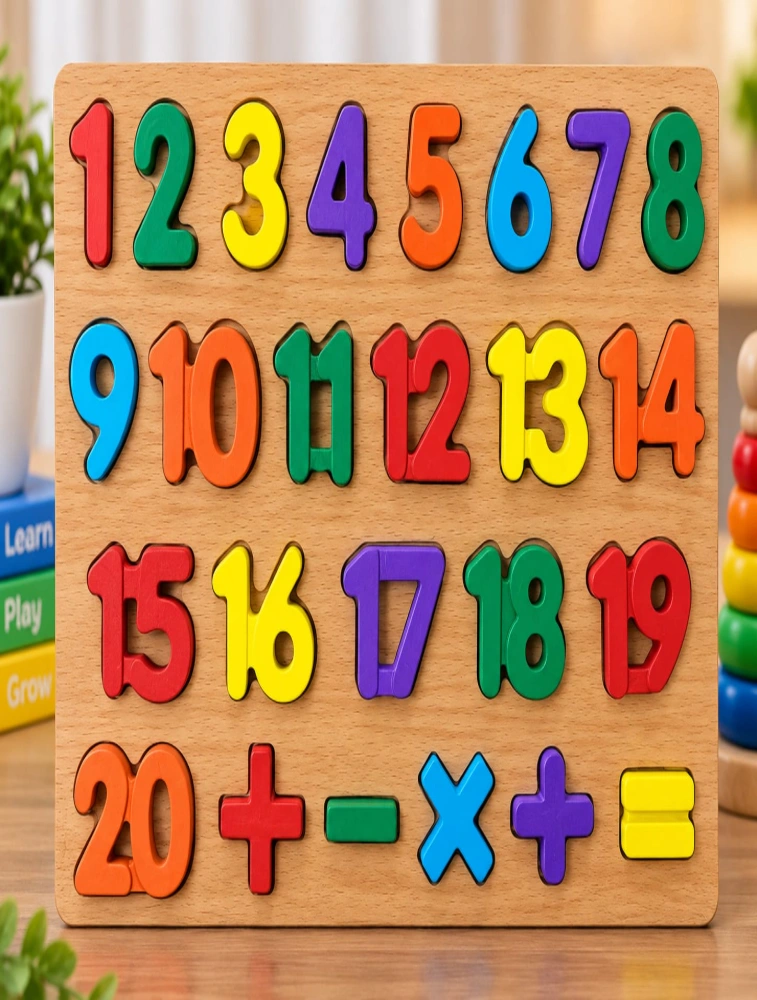 Multicolour Wooden Numbers 1 to 20 and Maths Symbols Puzzle Board
