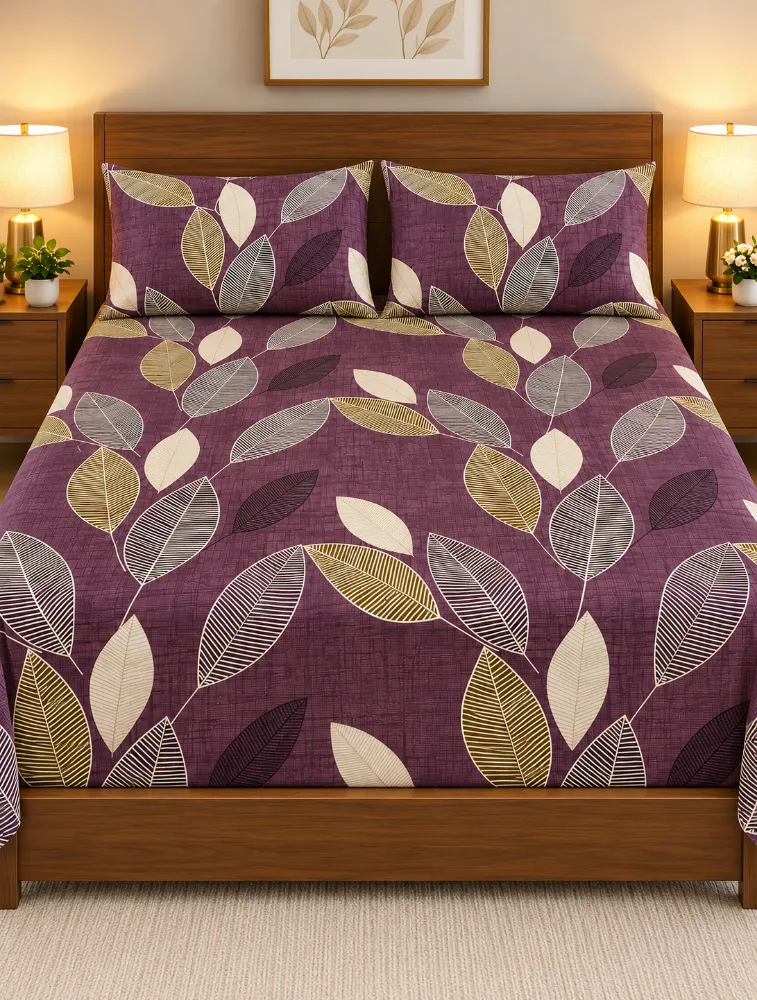 Burgundy 90 x 100 Inches Cotton Printed Double Coat Queen Size Bedsheet with 2 Pillow Covers