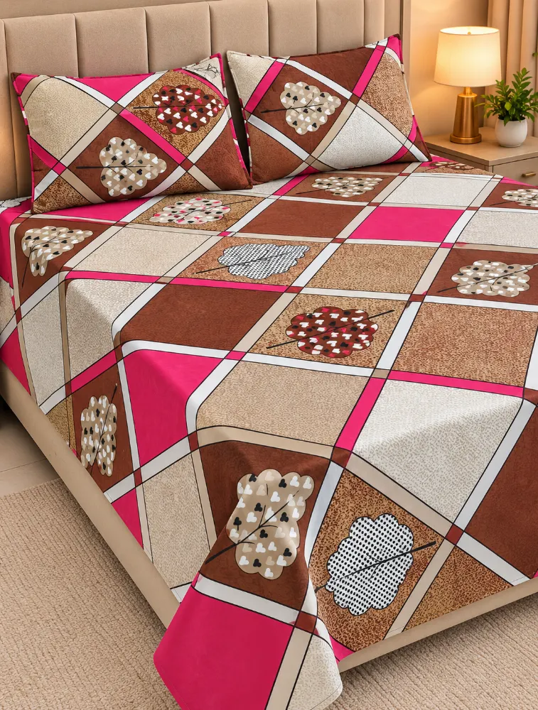 Mustard Brown 90 x 100 Inches Cotton Printed Double Coat Queen Size Bedsheet with 2 Pillow Covers