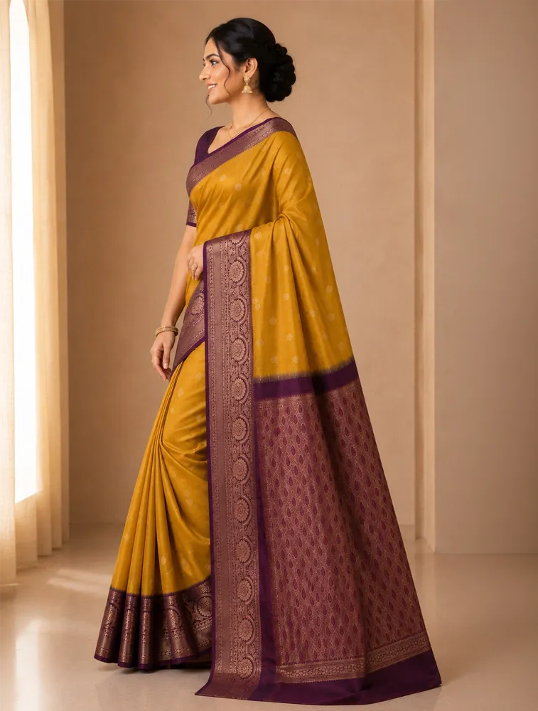 Mustard Yellow  Womens Premium Semi Gadwal Saree