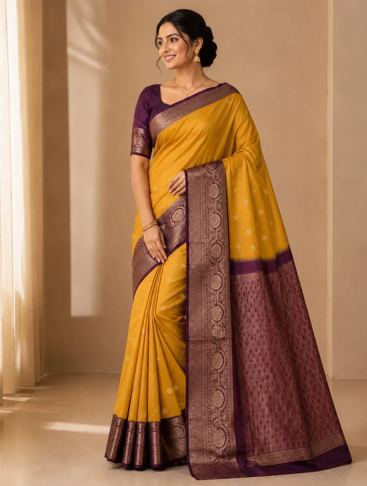 Mustard Yellow Womens Premium Semi Gadwal Saree