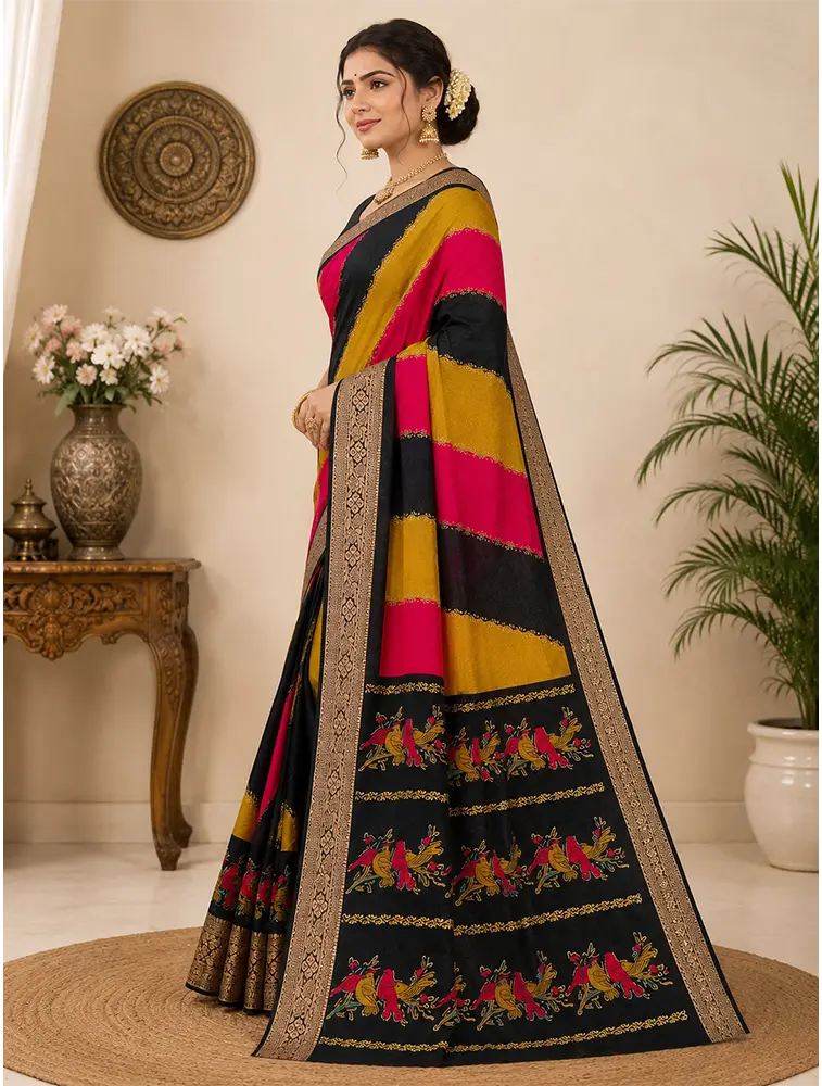 Mustard Yellow And Crimson Red Womens Jaihind Spraw Designer Sarees