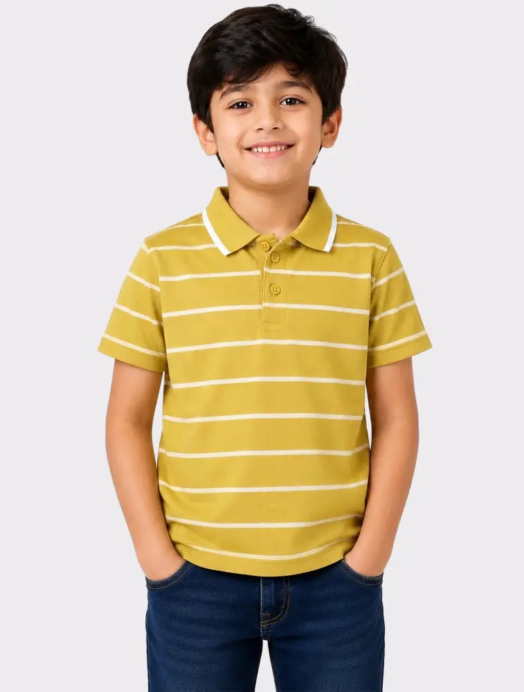 Mustard Yellow Boys Kids 190 GSM Striped Half Sleeve Polo TShirt