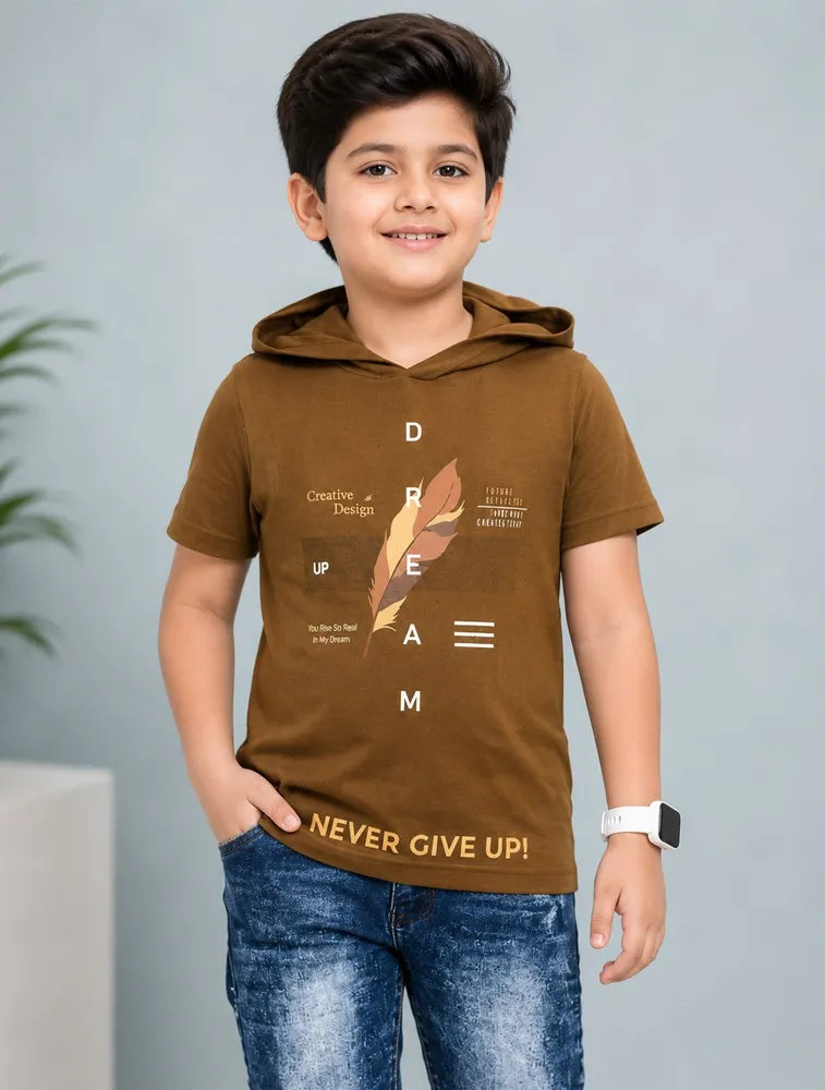 Mustard Yellow Boys Premium Printed Half Sleeve Cooper Hood  T Shirt
