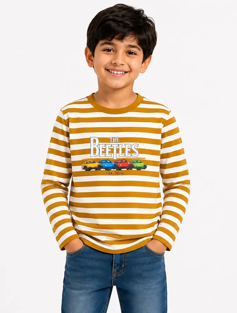 Mustard Yellow Boys Round Neck Printed T Shirt