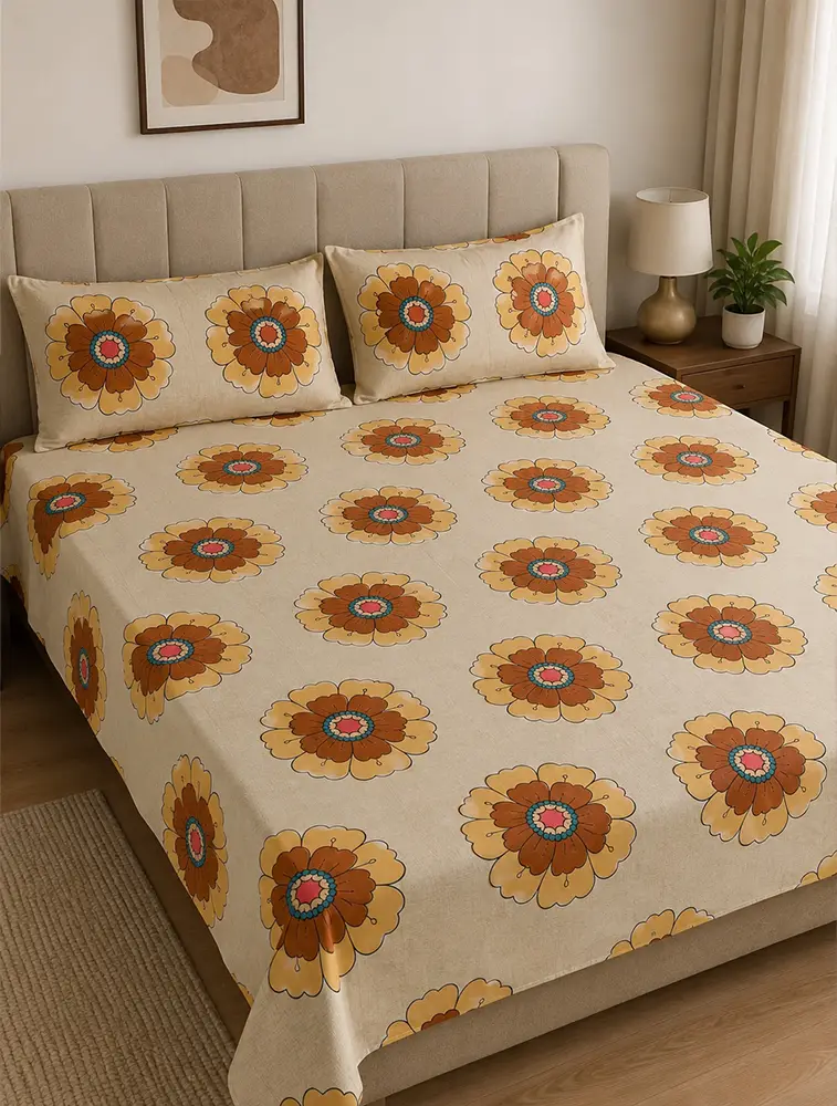 Mustard Yellow Cotton Printed Double Bed Queen Size Bedsheet