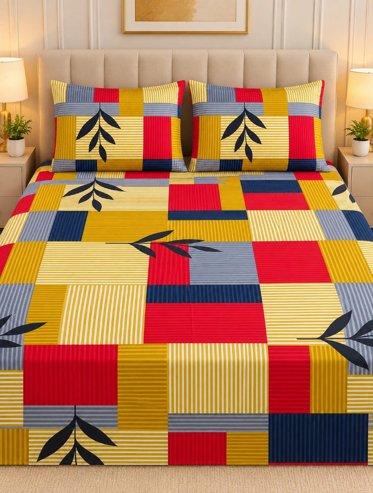 Mustard Yellow 90x100 Inches Cotton Printed Double Coat Queen Size Bedsheet with 2 Pillow Covers