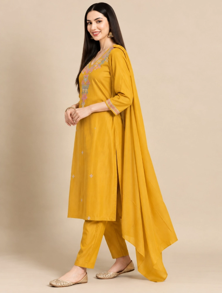 Mustard Yellow Embroidered Straight Kurta with Pant and Dupatta Set