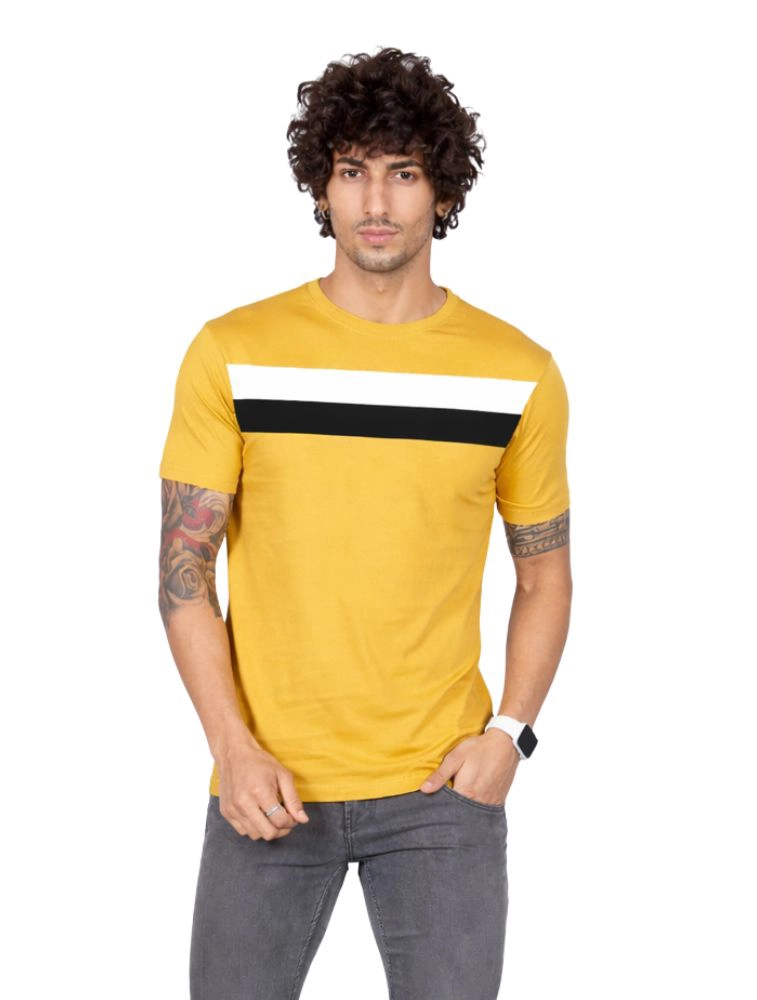 Mustard Yellow Matty Multi Colourblocked Round Neck Half Sleeve 190GSM TShirts