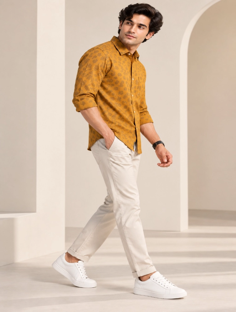 Mustard Yellow Mens Premium Slim Fit Printed Shirt