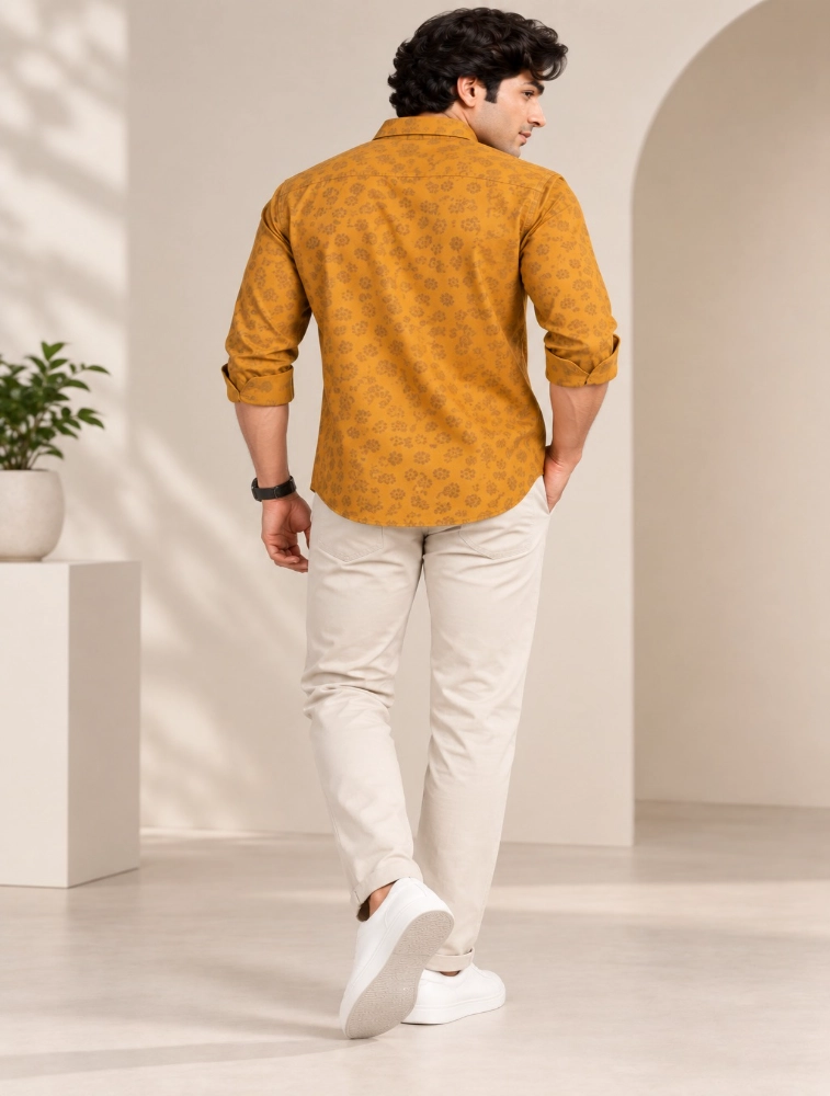 Mustard Yellow Mens Premium Slim Fit Printed Shirt