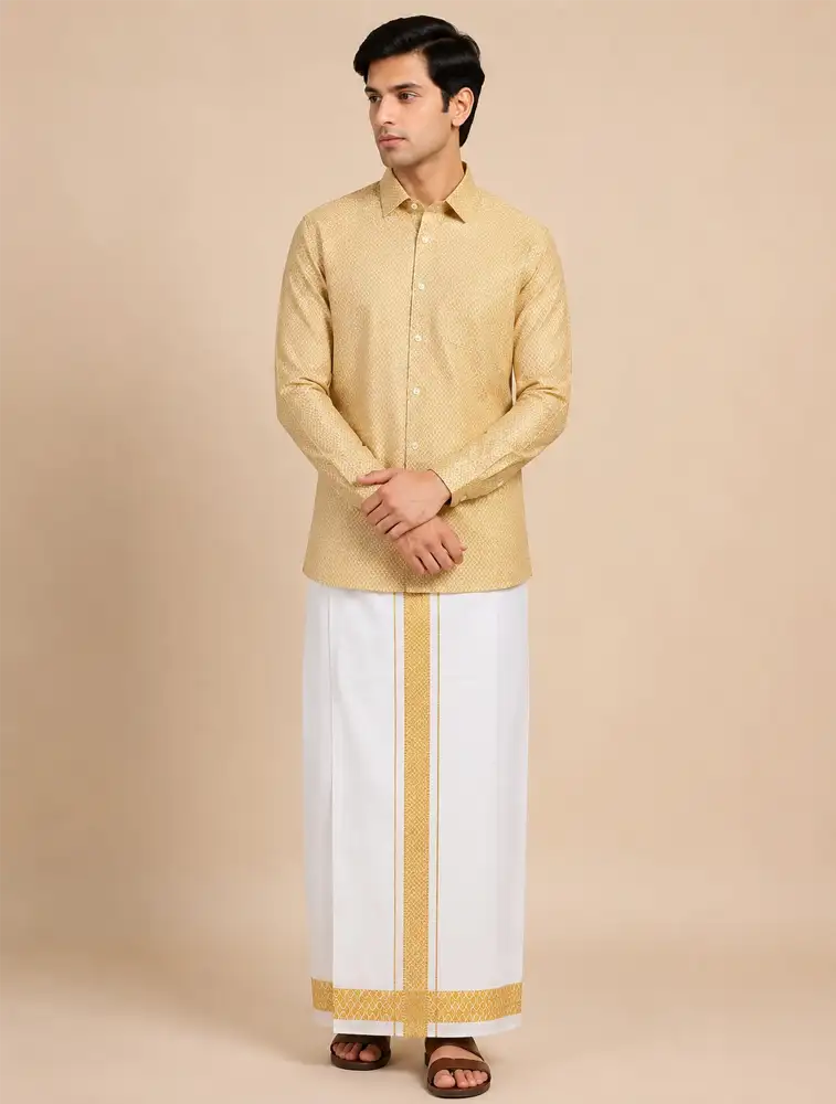 Mustard Yellow Mens Royal Prism Printed Shirt and Dhoti Sets  