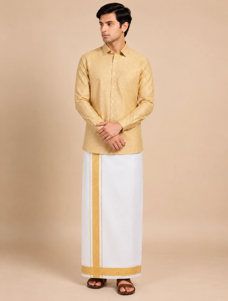 Mustard Yellow Mens Royal Prism Printed Shirt and Dhoti Sets