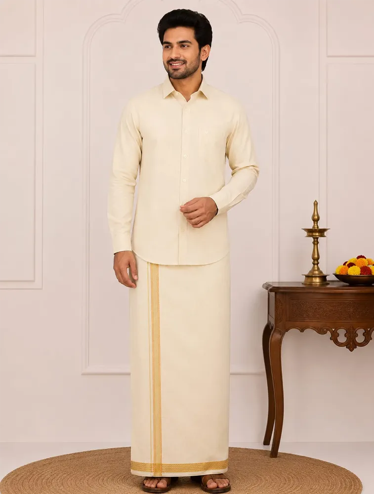 Mustard Yellow Mens Special Tissue Shirts and Dhoti Set   