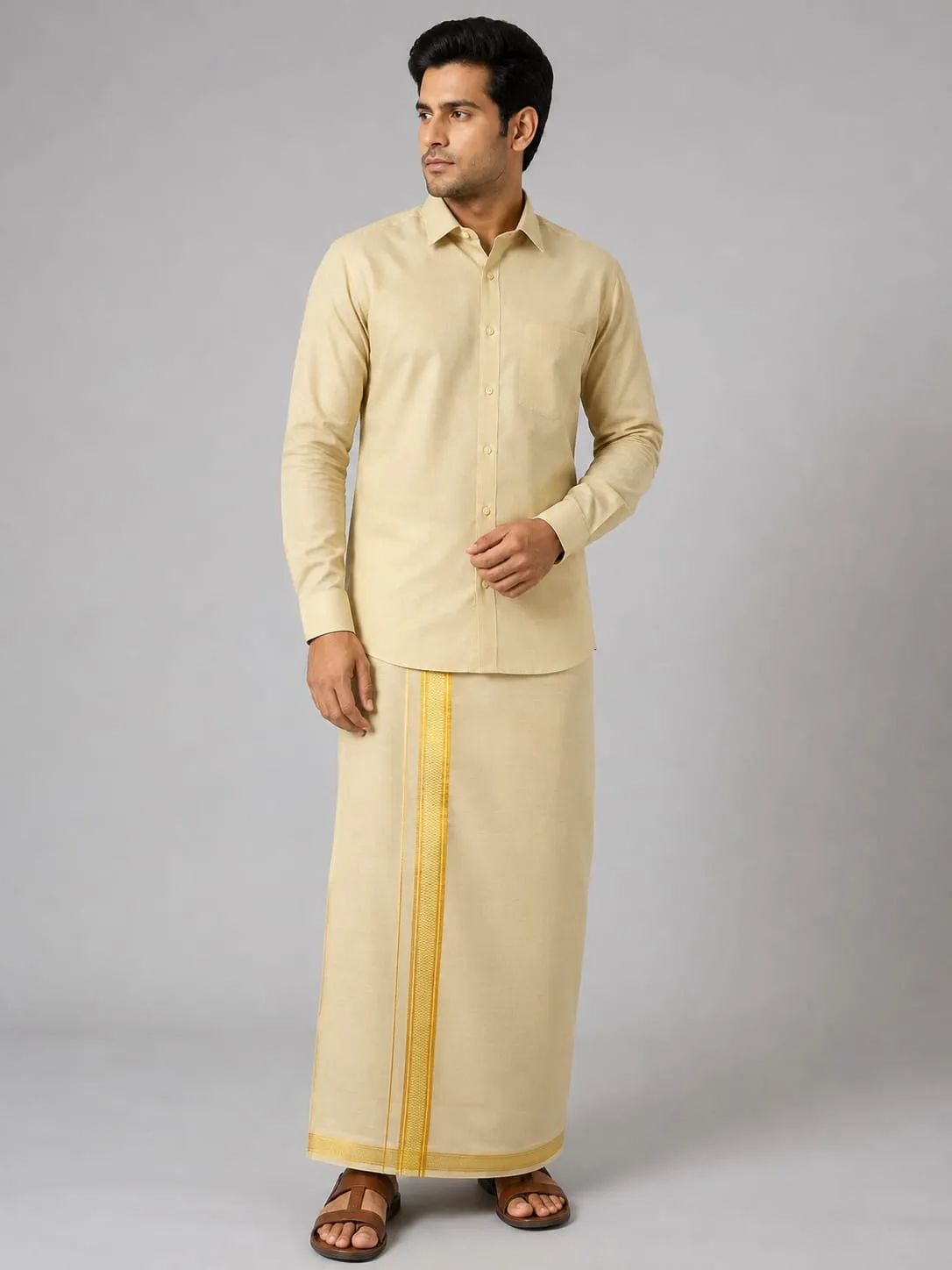 Mustard Yellow Mens Special Tissue Shirts and Dhoti Set — bulk from ₹1160