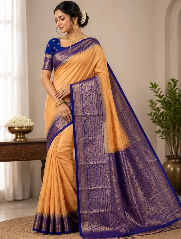 Mustard Yellow Womens Premium Semi Gadwal Saree