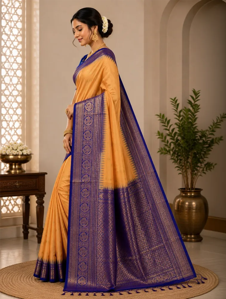 Mustard Yellow Womens Premium Semi Gadwal Saree — bulk from ₹3919