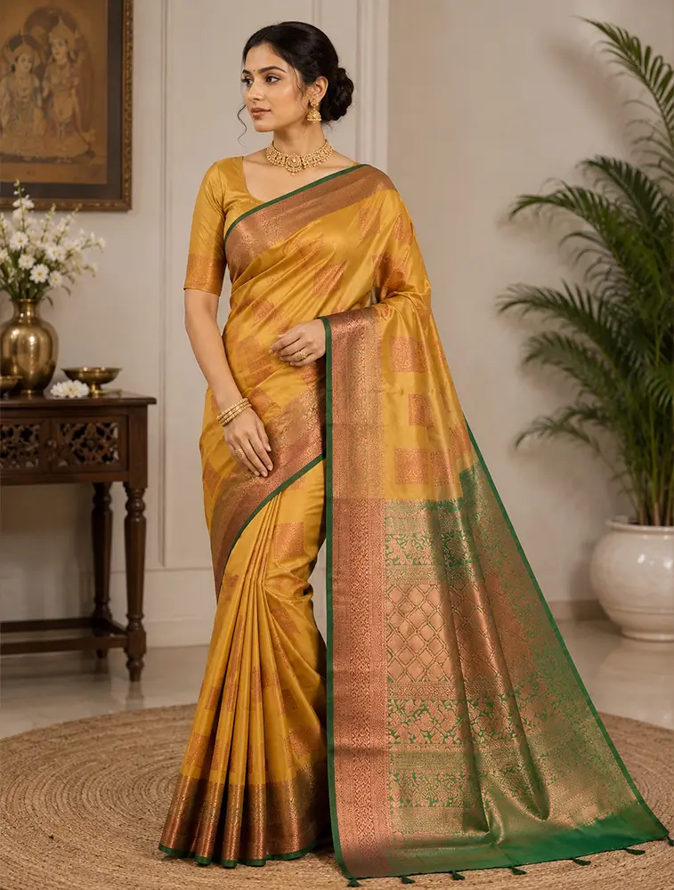 Mustard Yellow Womens Printed Luxury Soft Jari Silk Sarees