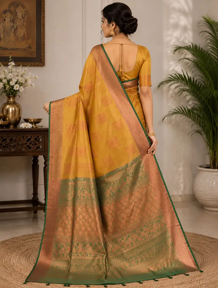 Mustard Yellow Womens Printed Luxury Soft Jari Silk Sarees — bulk from ₹1685