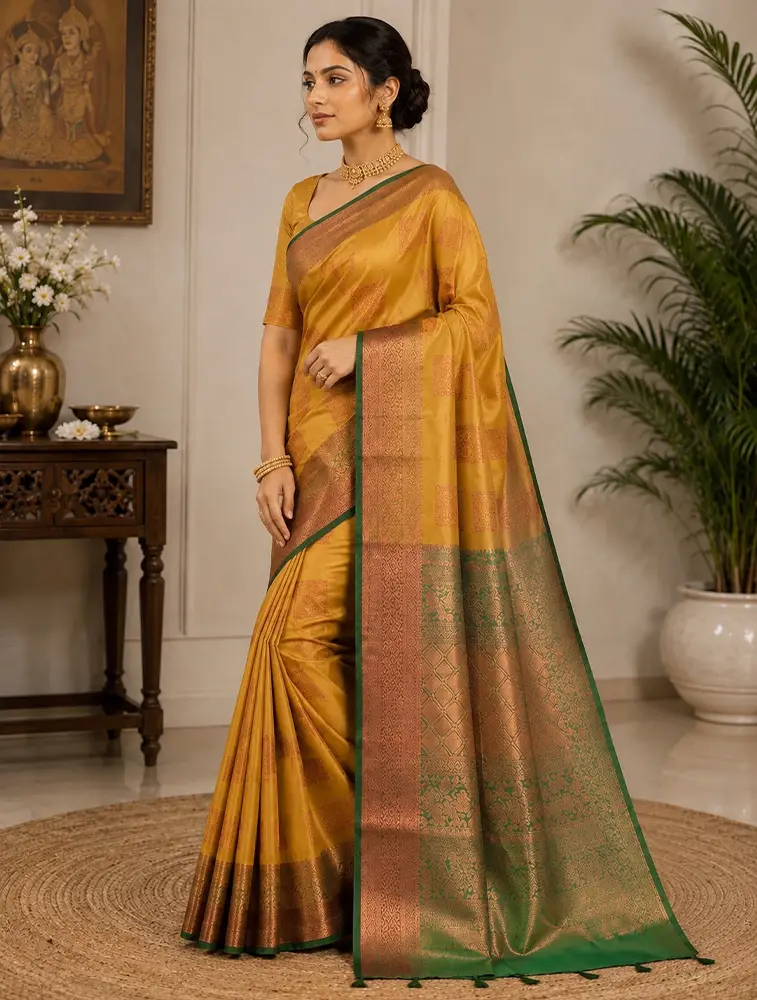 Mustard Yellow Womens Printed Luxury Soft Jari Silk Sarees 
