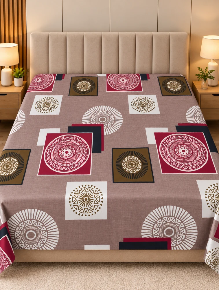 Muted Brown Cotton Printed Double Bed King Size Bedsheet