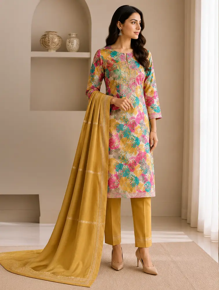 Muti Colour Womens Floral Printed Royan Fabric Kurtha Set With Dupatta 