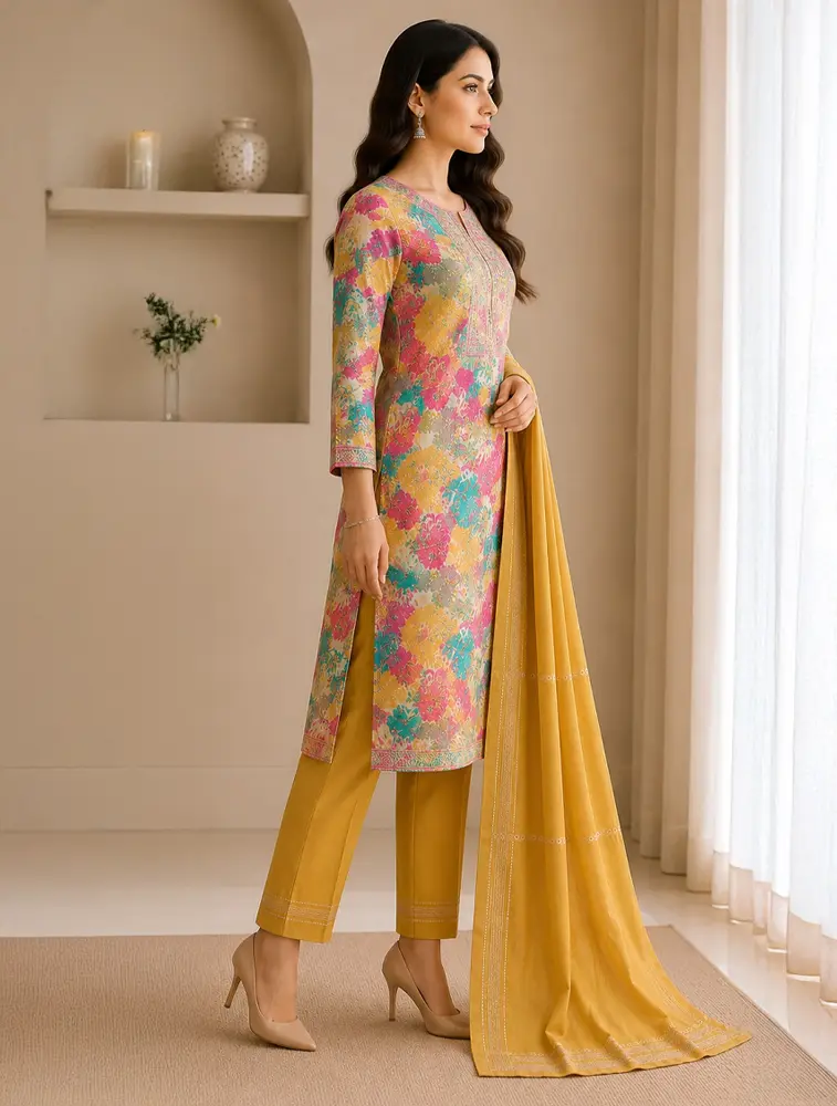 Muti Colour Womens Floral Printed Royan Fabric Kurtha Set With Dupatta