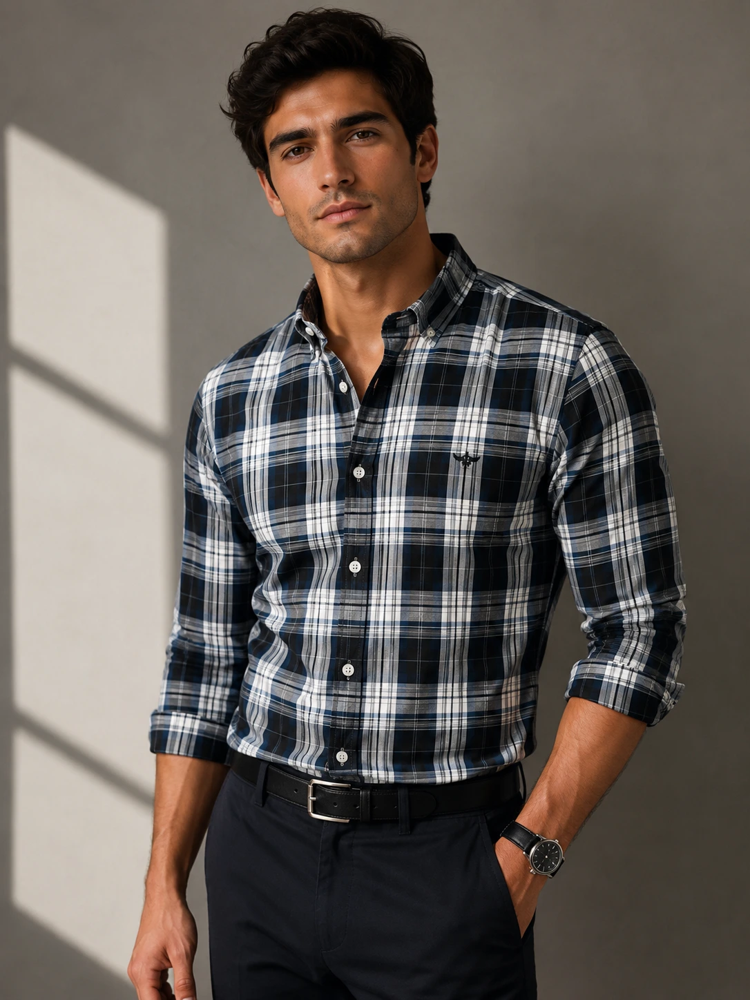 Ash Grey Men's Cotton Full Sleeve Check Shirt