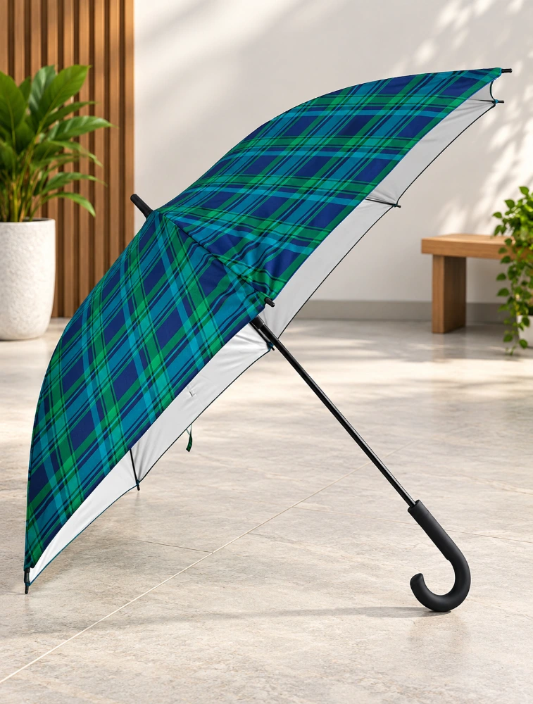 Navy Blue Classic Plaid J Handle Windproof Umbrella