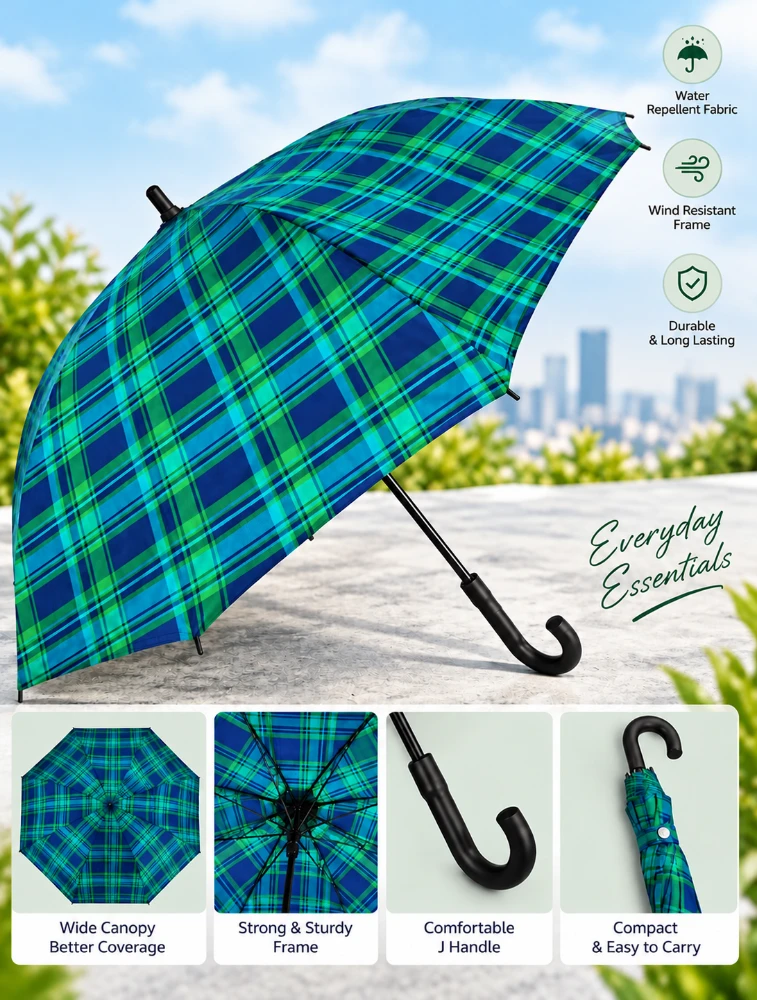 Navy Blue Classic Plaid J Handle Windproof Umbrella