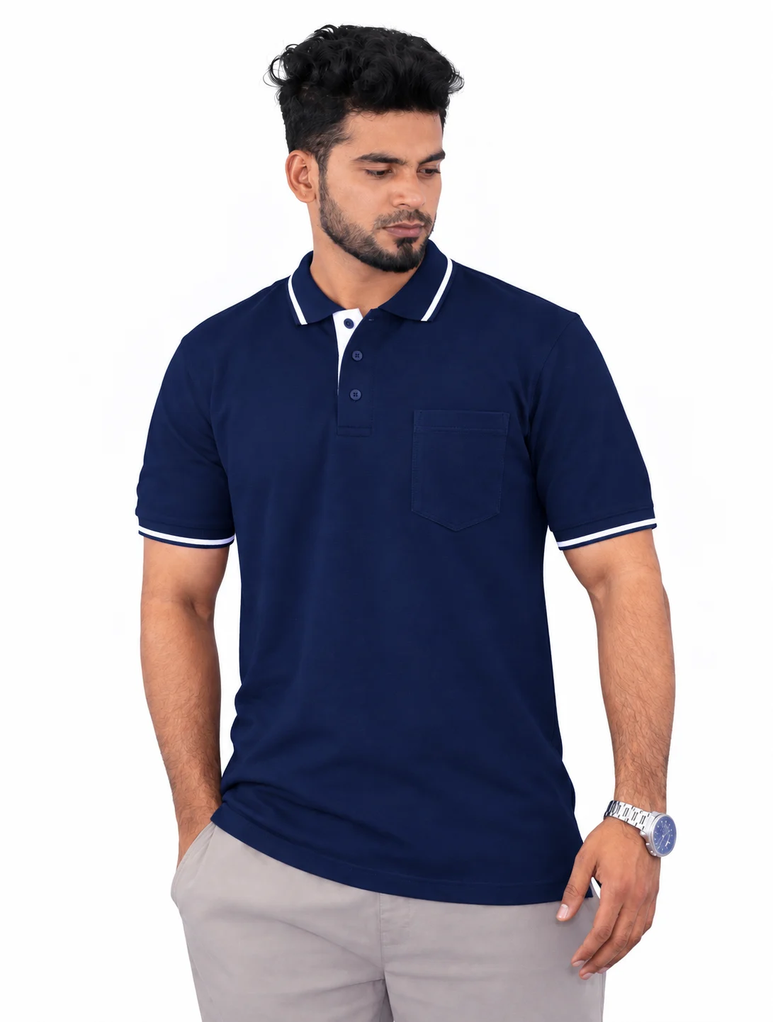 Navy Blue Cotton 240 GSM Polo TShirt With Contrast Tipping and Pocket