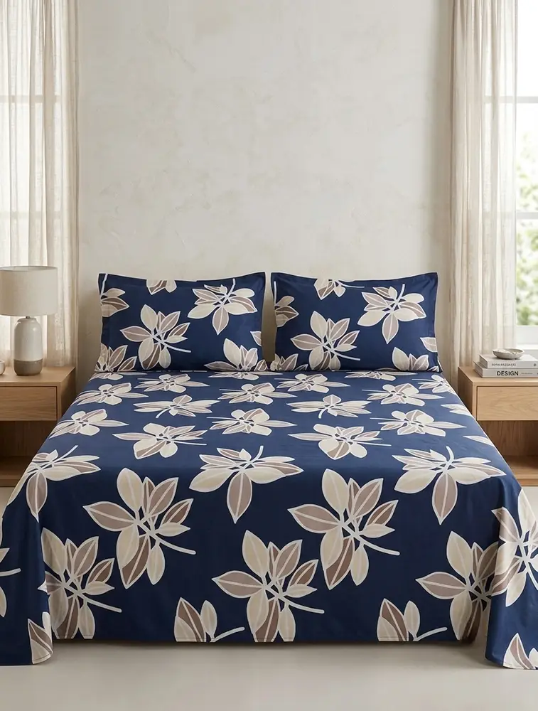 Navy Blue Cotton Printed Double Bed Queen Size Bedsheet