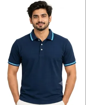 Anshu fashion shop Navy Blue Dri Fit Mars 200 GSM Polo Half Sleeve T Shirt with Sky Blue and White Dual Tipping Collar and Cuff