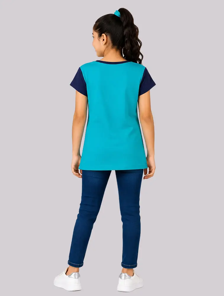 Navy Blue Girls Casual Graphic T Shirt with Contrast Side Panels