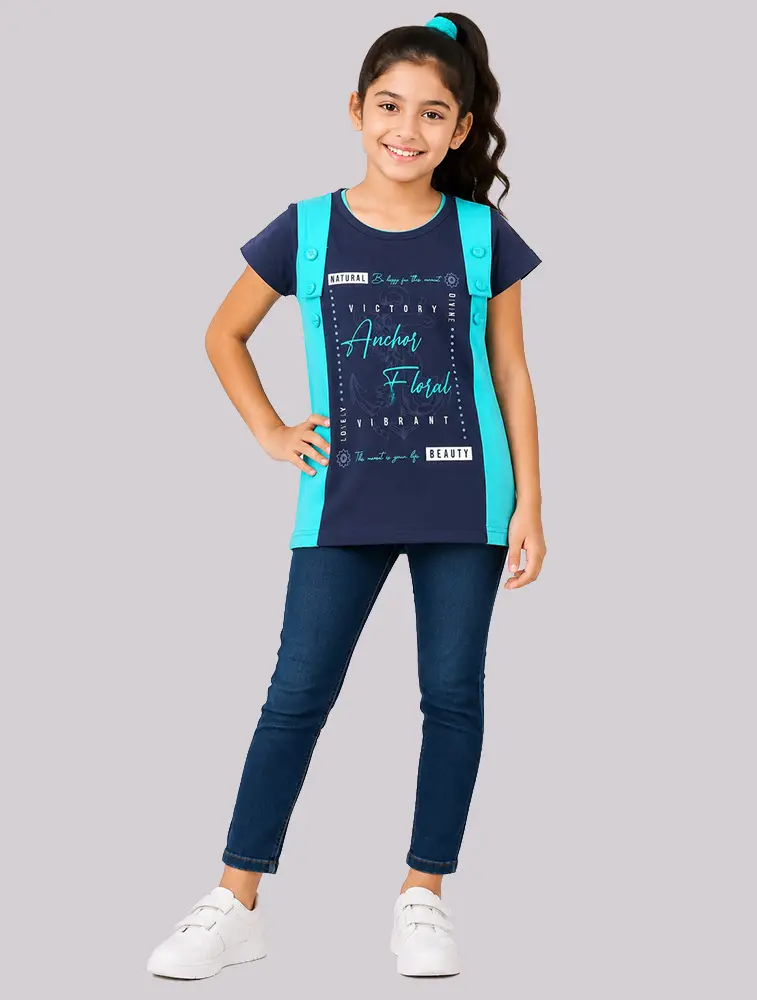 Navy Blue Girls Casual Graphic T Shirt with Contrast Side Panels