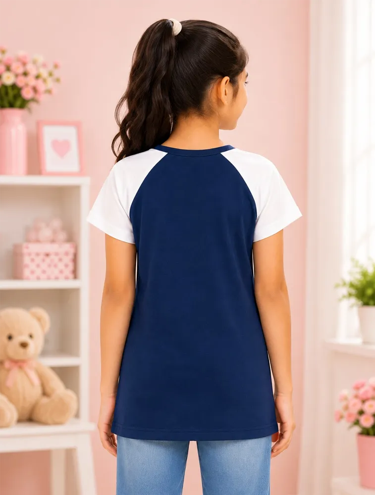 Navy Blue Girls Graphic Printed Cotton Short Sleeve T Shirt