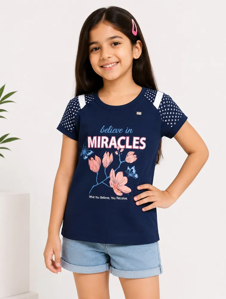 Navy Blue Girls Premium Printed Half Sleeves T Shirt