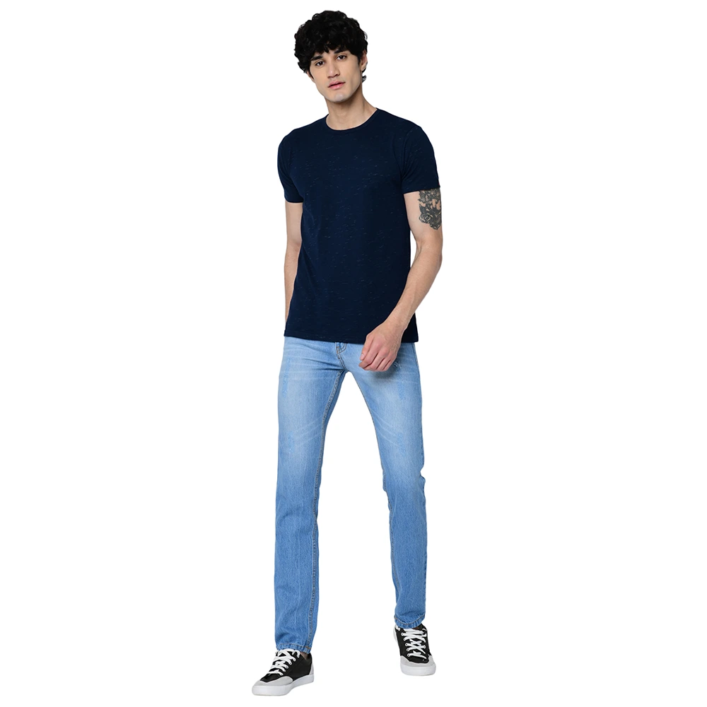 Navy Blue Injected Slub Cotton Round Neck Half Sleeve 180 GSM T Shirt